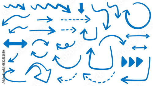 手描きのラフな矢印イラストセット（青）