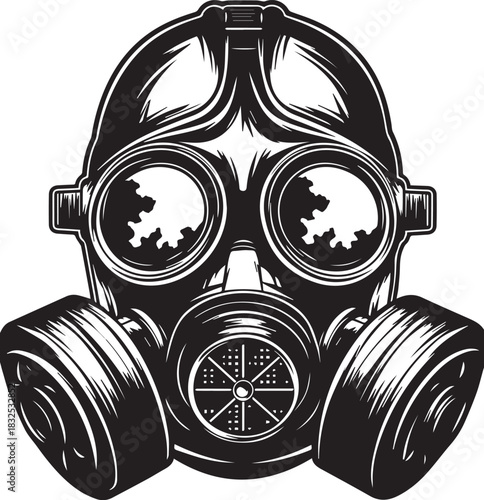 Protection and defense in dark times: A monochrome illustration of a gas mask symbolizing protection, safety, and preparedness in uncertain times.