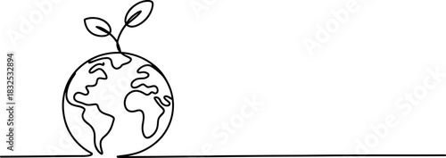 Continuous line art of planet earth with a green plant sprout, symbolizing environmental growth, sustainability, eco-friendly future and care. Vector, illustration