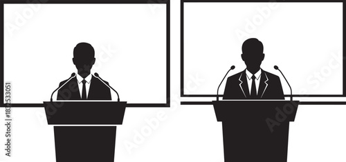 Two speakers at podiums with screens behind them silhouette