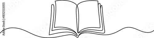 Continuous line drawing of an open book, symbolizing knowledge, education, learning, and storytelling in a clean, elegant, minimalist style. Vector, illustration
