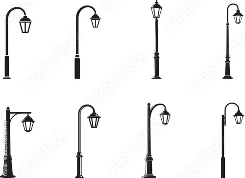 Vintage street lamp and city lantern silhouette set. Classic iron lamppost, old garden light, and urban park electricity vector collection.