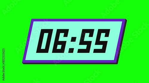 Digital countdown timer from 7 minute to 6 minute on a tilted rectangular display with a green background