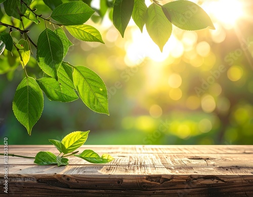 Sunny morning scene with green leaves and a wooden table