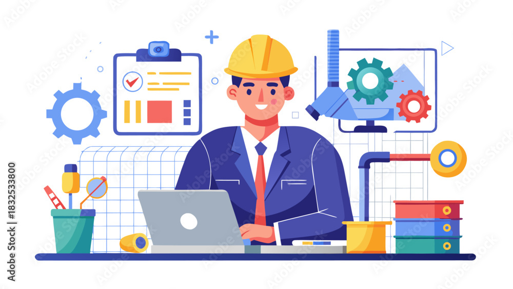Fototapeta premium Professional engineer in hard hat using laptop with industrial automation and digital technology icons