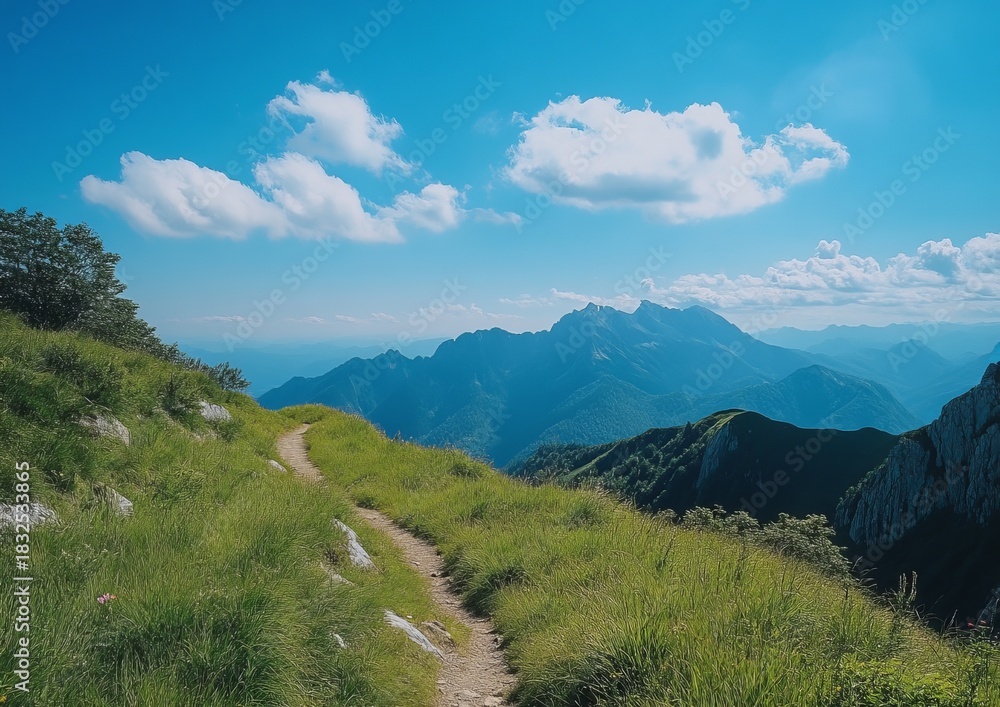 Naklejka premium Mountain path winds through verdant alpine meadow, sunny vista