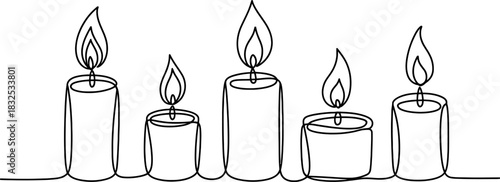 Continuous line art drawing of five minimalist candles with burning flames, symbolizing warmth, light, hope, peace, and celebration. Vector, illustration