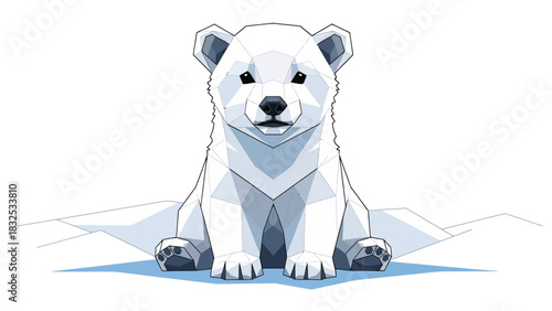 Adorable geometric polar bear cub illustration for children's book or educational material about arctic wildlife conservation and environmental awareness