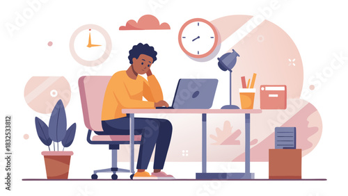 Young professional woman working late at home office with laptop and coffee, warm lighting and productivity concept