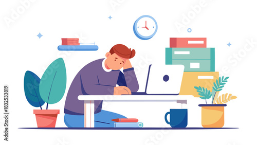 overwhelmed businessman sitting at desk with laptop and documents