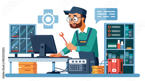 IT technician in overalls analyzing server data on computer in modern data center