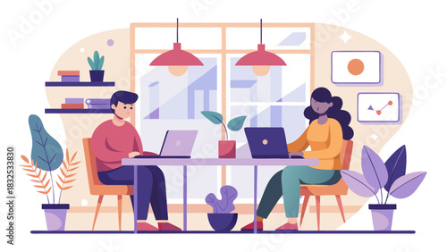 people working on laptops at a table in a cozy office