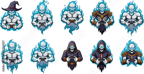 Gaming Skeletons and Grim Reapers with Blue Flames and Controllers Keywords: gaming, skeleton, grim reaper, controller, video game, blue flame, fire