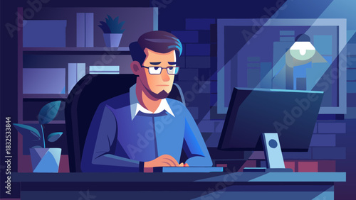 Professional man working late at night on laptop in modern home office with warm lighting