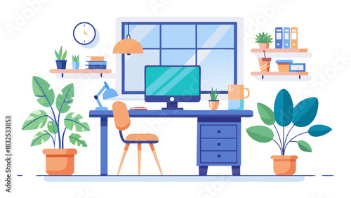 Flat design modern home office setup with computer, plants, and natural light for remote work productivity
