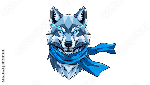 Intense blue wolf with piercing gaze and scarf, perfect for gaming logo or edgy streetwear design, embodying power and mystique in modern art