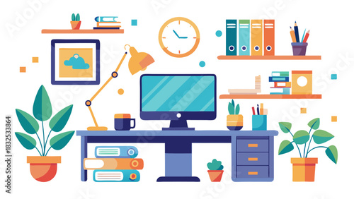 Modern home office workspace with computer, plants, and productivity tools flat lay top view