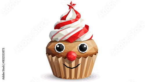 Delightful low poly Christmas cupcake character with star on top, ready for holiday fun and festive designs, a sweet treat for all your creative projects