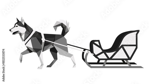 Majestic husky pulling a sleek sled in geometric style, perfect for winter holidays and festive designs, adding a touch of modern charm and seasonal cheer