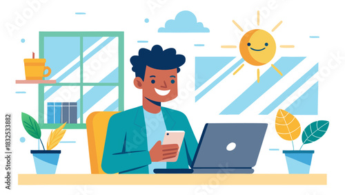 Smiling professional man working on laptop in bright home office with eco-friendly solar energy concept