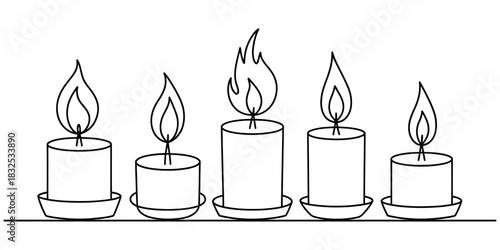 Elegant line art drawing of five burning pillar candles on small saucers, showcasing diverse flame patterns, perfect for themes of warmth and spirituality Vector, illustration