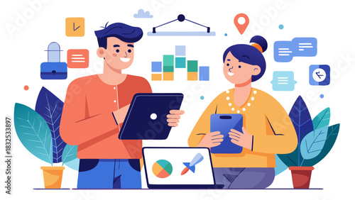 Young professionals analyzing global business data on digital tablet and laptop in modern office