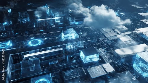 Abstract digital design of connected geometric structures and glowing blue light, representing technology - Footage