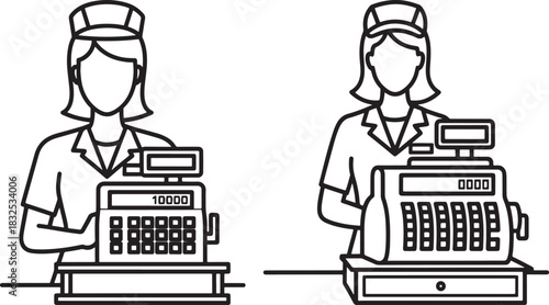 Two cashiers with vintage cash registers silhouette