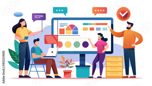 Diverse team collaborating on digital marketing strategy with data analytics and social media insights