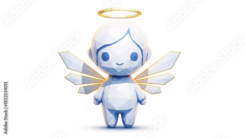 Adorable 3D angel character with halo and wings stands peacefully on a white background, perfect for children's illustrations and holiday themes