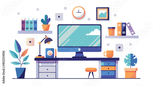 home office workspace with computer and plants