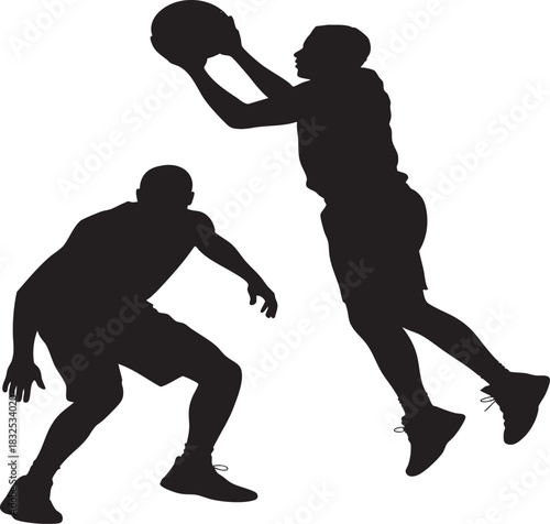 Two black silhouettes of basketball players are depicted against a white background, one jumping to shoot and the other defending.