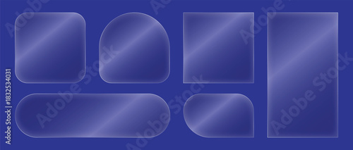 Transparent glass panel ui shapes set for modern interface design elements on Isolated blue background.