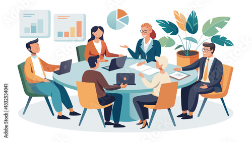 Diverse business team collaborating in modern office with data charts and green plants during creative meeting