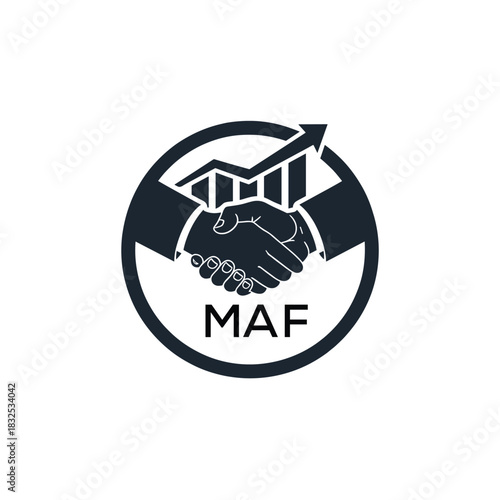 MAF Business Partnership Handshake. MAF Logo with Growth Chart  Corporate Success and Financial. MAF Collaboration Icon.
