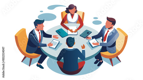Diverse business team collaborating around modern round table in bright office meeting