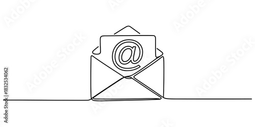 Continuous line drawing of an open envelope with an at sign symbol on a card inside, representing email communication and digital correspondence. Vector, illustration