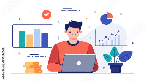 Young professional analyzing business data on laptop with success metrics and growth charts in modern office