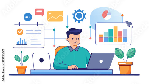 Businessman working on laptop with data analysis and graphs