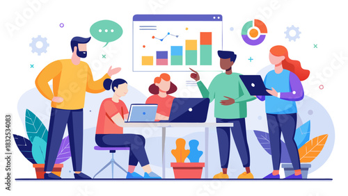 Diverse team collaborating on data analysis and business strategy in modern office with digital charts