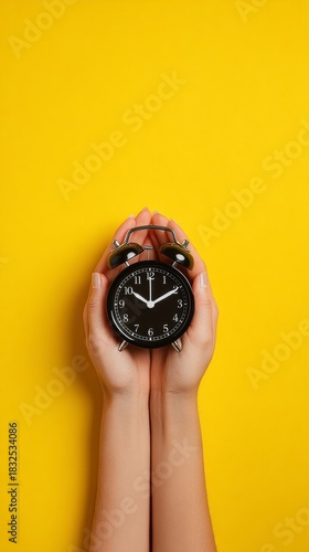 A pair of hands cupping a black alarm clock against a bright yellow background