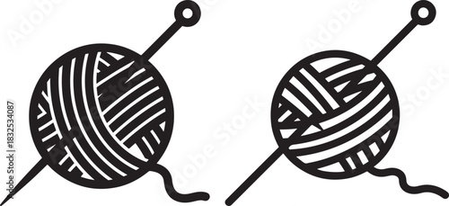 Two stylized yarn balls with knitting needles silhouette