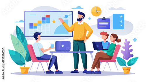 Diverse team collaborating on digital marketing strategy in modern office with data analytics dashboard