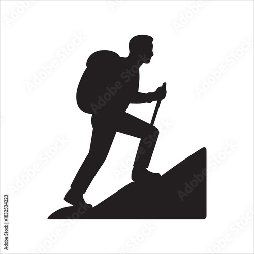 Silhouette hiker climbing a mountain with stick Illustration Vector
