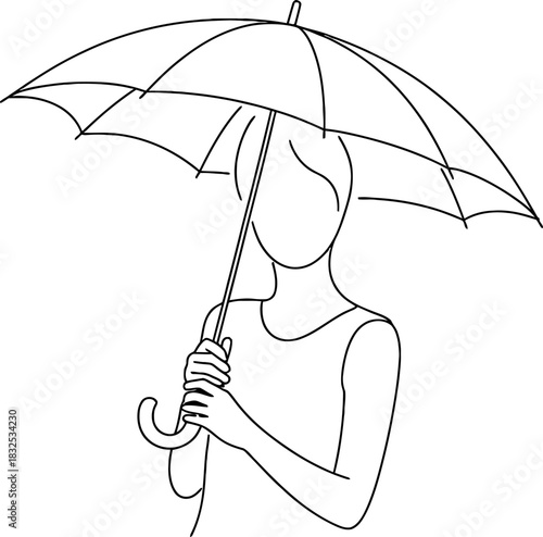 Woman holding an open umbrella, a minimalist line art illustration. simple hand-drawn sketch of a person with rain protection element. Vector, illustration
