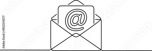 Continuous line drawing of an open email envelope with an at symbol card inside, depicting digital communication, message, and contact. Vector, illustration