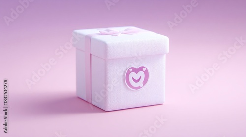 A pastel pink gift box with a bow and a small emblem on a soft pink background