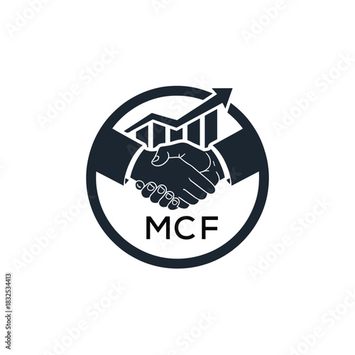 MCF Business Partnership Handshake. MCF Logo with Growth Chart  Corporate Success and Financial. MCF Collaboration Icon.
