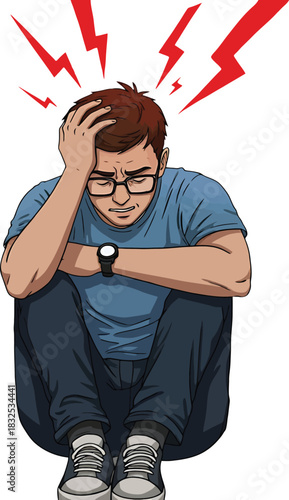 Man with glasses and blue shirt sitting with head in hands, looking stressed with red lightning bolts above his head