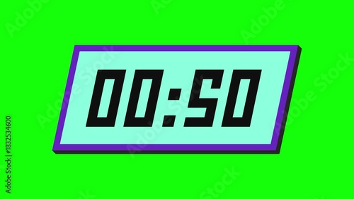 55 second neon digital countdown timer on a tilted rectangular display with a green background